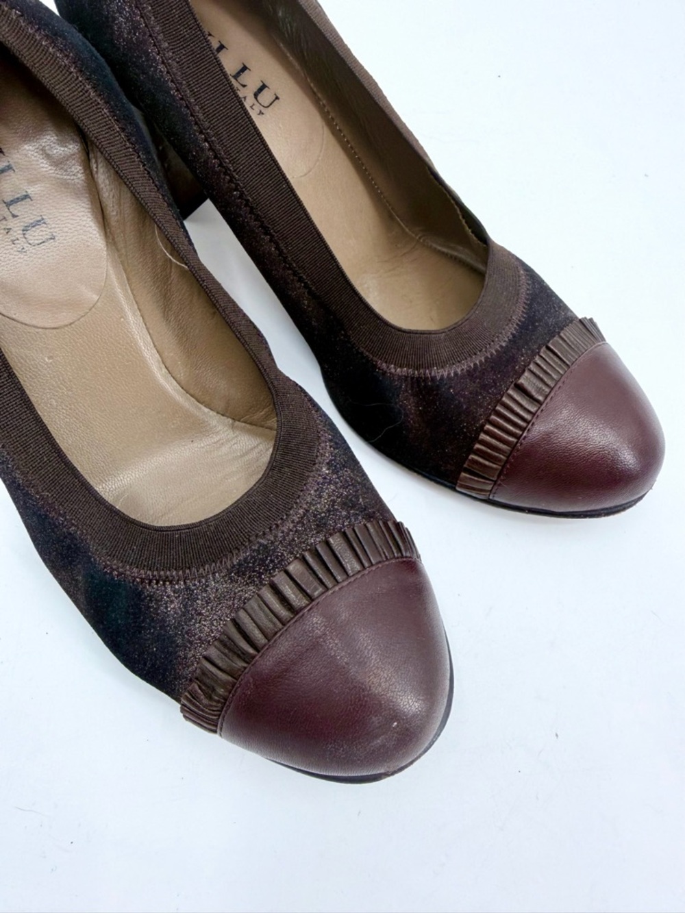 ANYI LU Metallic Suede Cap Toe Block Heel Pumps Brown Bronze - Picture 3 of 10